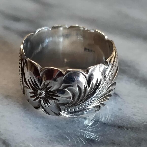Sterling Silver 925 Plumeria Flower Scroll Band Ring Sz 7 - Picture 2 of 12